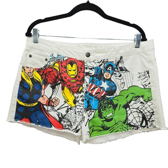 Marvel Graphic Print Shorts Juniors 13 White Stretch Denim Pockets Hulk Iron Man - Picture 1 of 12